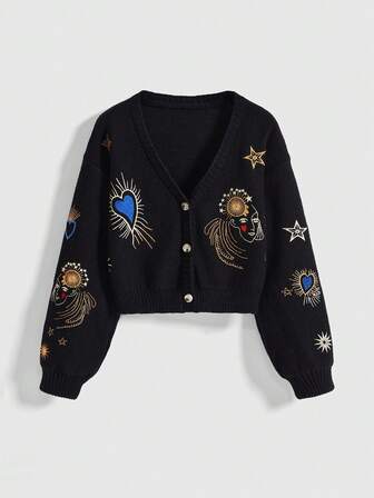 Grunge Punk Cardigan corto e ampio in maglia con ricamo vintage a cuore, ritratto e luna a stella