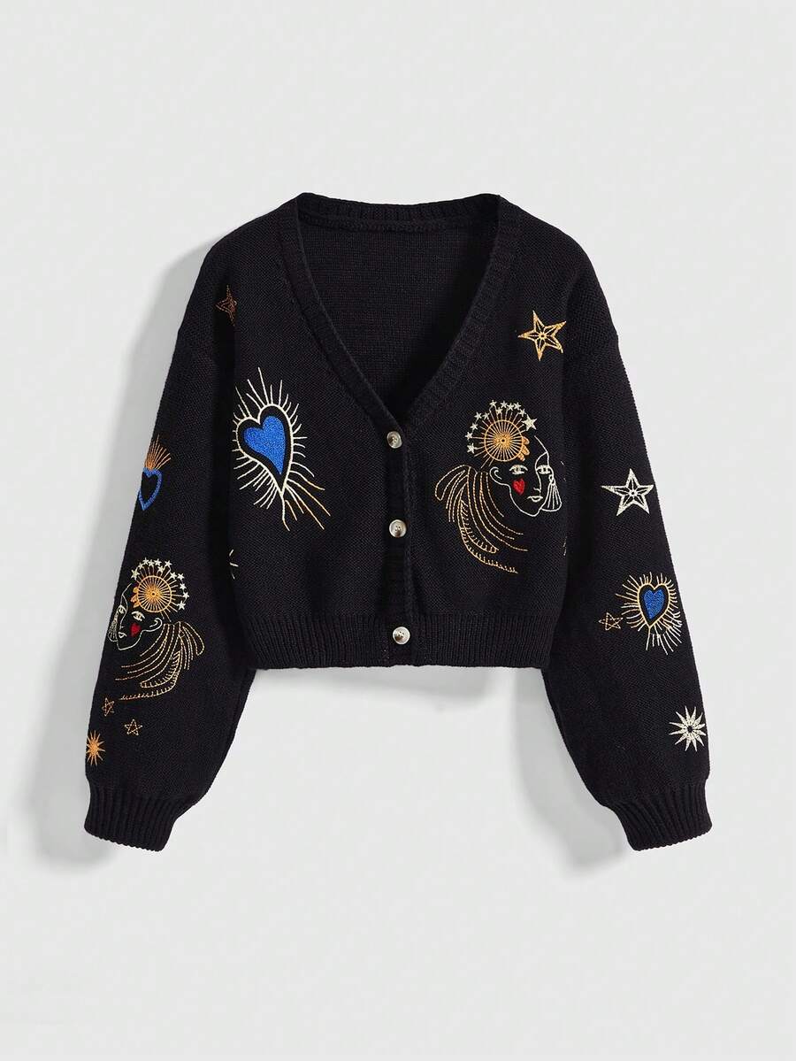ROMWE Grunge Punk Vintage Heart Portrait & Star Moon Embroidery Loose Cropped Knit Cardigan - Black - View 1