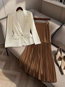 SHEIN Franclia Bộ đồ vest nữ cổ ve lật tay dài và chân váy midi xếp ly thanh lịch khi đi làm trong thành phố (không có thắt lưng) - trắng - Xem 4