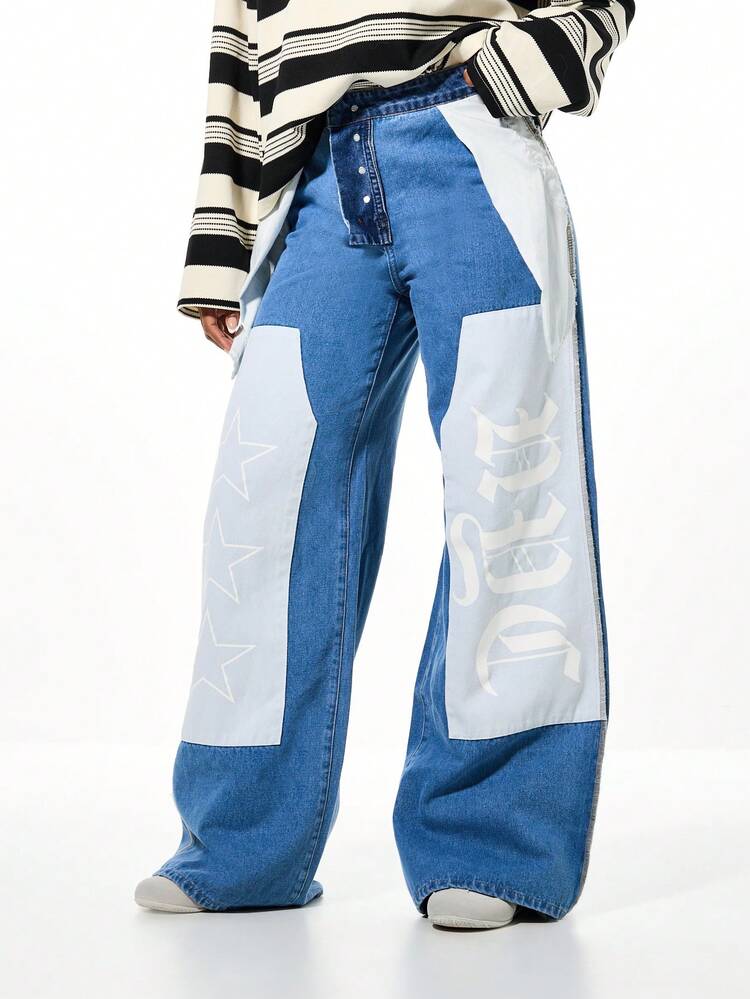 SUMWON WOMEN Indigoblaue Jeans mit weitem Bein und Innenfalten