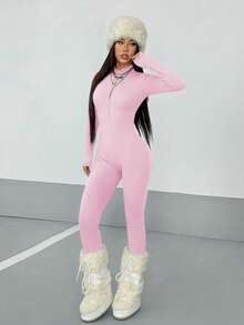 StreetHx Women's Streetwear Solid Color Long Sleeve Half Zip Jumpsuit, Autumn