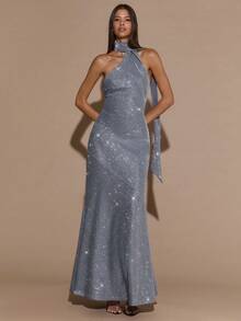 SHEIN BAE 纯银闪光女式派对礼服，秋冬款，露背垂坠领修身优雅长款美人鱼裙，适合约会、音乐节、生日、早午餐、婚礼、派对、万圣节、圣诞节 - 銀色 - 查看 5