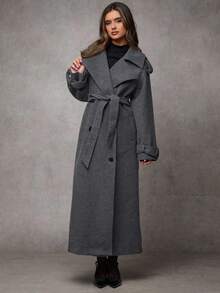 SHEIN BAE 1 件女式纯色长袖纽扣前系带休闲夹克，适合秋冬季日常穿着 - 深灰色 - 查看 6