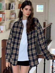 DAZY 少女格纹印花纽扣前开襟宽松长袖衬衫