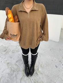 Dazy Plus Áo nỉ nữ cỡ lớn dáng rộng, khóa kéo nửa thân, dây rút, màu trơn, kiểu dáng đường phố. - Màu Khaki - Xem 6