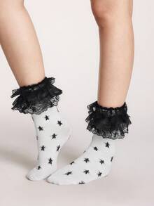 ROMWE Kawaii 2 Pairs Y2K Punk Style Black & White Contrast Music Note Mid-Calf Leg Warmers And Sexy Lace Trim Solid Color Lace Leg Warmers Set, Suitable For Music Festivals, Anime-Inspired Outfits, Casual Wear - Black and White - View 3
