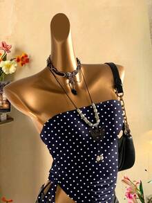 SHEIN EZwear Women's Casual Drawstring Tie-Front Cropped Tube Top - Blue and White - View 5