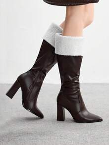 CUCCOO BIZCHIC 高品质棕色袖口针织高筒靴，尖头粗跟优雅女靴，时尚百搭新款靴子，展现女性魅力和优雅 - 棕色 - 查看 4