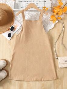 青少年女孩万圣节休闲纯色背带裙 - 卡其色 - 查看 2