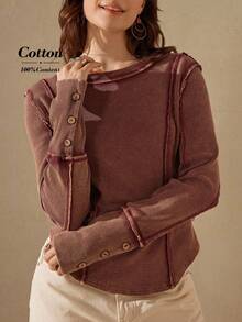Wildy Western Casual Vintage Burgundy Bohemian Contrast Stitching Long Sleeve T-Shirt, Autumn Going Out Tops Brown Top Women's Sweatshirt Red Tops Long Sleeve T-Shirt Washed Knit Slim-Fit Cotton T-Shirt With Raw Edges - Burgundy - View 1