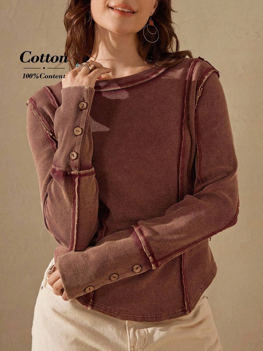 Wildy Western Casual Vintage Burgundy Bohemian Contrast Stitching Long Sleeve T-Shirt, Autumn Going Out Tops Brown Top Women's Sweatshirt Red Tops Long Sleeve T-Shirt Washed Knit Slim-Fit Cotton T-Shirt With Raw Edges - Burgundy - View 1