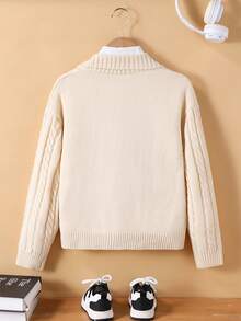 SHEIN 1 件男童复古风格开衫，复古绞花针织，双排扣，经典条纹 V 领，常规袖，整齐下摆，浅灰色经典针织毛衣，百搭休闲夹克，做工精良，适合春秋季 - 杏色 - 查看 2