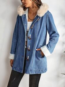 EMERY ROSE Women's Casual Denim Jacket With Fur Collar And Horn Buttons, Autumn/Winter - Blue - View 4
