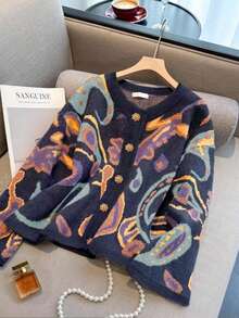 GlowEve CURVE 2025 大码女式时尚休闲简约百搭多色费尔岛图案宝石花卉纽扣小圆领针织开衫