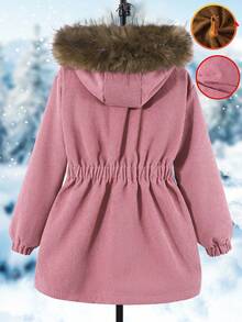 1pc Corduroy Texture Ribbed Oversized Collar Hooded Cinched Waist Jacket, Suitable For Casual Wear, Autumn/Winter Fall - Dusty Pink - View 2