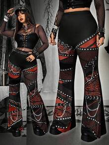 Flirla Plus Size Punk Digital Print Fashion Pants - Coffee Brown - View 1