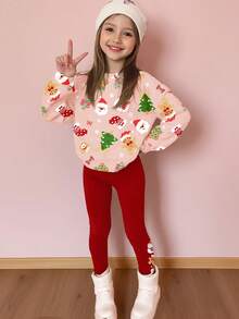 2pcs/Set Tween Girls Cozy Pink Christmas Themed Graphic Print Sweatshirt And Leggings Set,Cute Matching Family Soft Thermal Lined Autumn Outfit - Multicolor - View 3