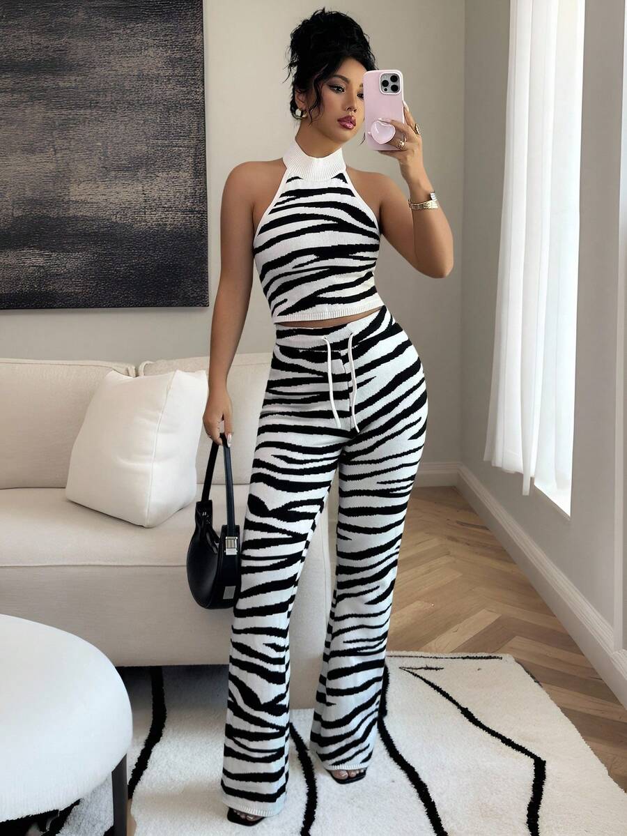 Rafferiza Women's Stand Collar Sleeveless Backless Fashionable Knit Zebra Print Crop Top Set - Black and White - View 1