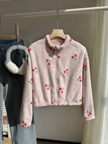 SHEIN 1pc Girls Heart Print Zip-Up Collar Fuzzy Jacket, Casual Outerwear For Autumn/Winter - Pink - View 3