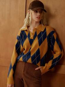 Écloséra 法式复古宽松Polo领长袖针织拼色菱形图案半扣设计卡其色女套头衫，秋冬 - 黃色 - 查看 3