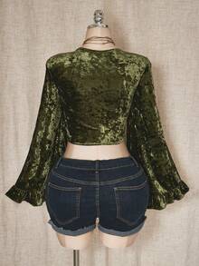SHEIN ICON 大码女式复古荷叶边领带绿色天鹅绒衬衫 - 綠色 - 查看 2