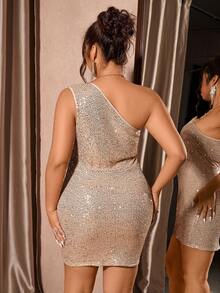 SHEIN PETITE CURVE Plus Size Sequin Patchwork Solid Color Asymmetric Neckline Sleeveless Dress - Apricot - View 2
