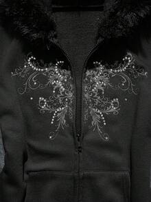 SHEIN EZwear Women's Floral Print Rhinestone Zipper Front Fuzzy Collar Casual Sweatshirt, Autumn/Winter Rhinestone Zip Up Cross Goth Style Rockstar Women Anime - Black - View 4