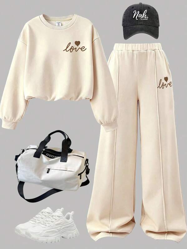 SHEIN 2 件套青少年女孩针织宽松字母和心形印花保暖内衬圆领运动衫和阔腿裤套装，秋冬