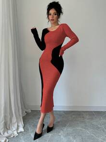 Elenzga 女士优雅撞色修身毛衣裙，秋冬 - 紅色 - 查看 4