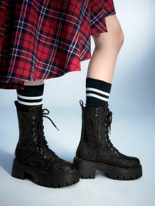 Sugerpunk Women's Dark Punk Goth Lace-Up Bat Motorcycle Boots, Platform Thick Sole Riding Ankle Boots For Christmas - Black - View 4