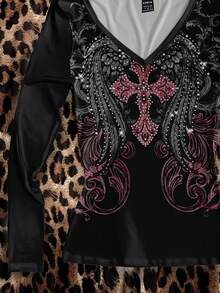 Attitoon Punk Wing Cross Pattern V-Neck Long Sleeve T-Shirt, Suitable For Women, Halloween, Y2K Style, Streetwear, Vintage, Back To School, Retro, Fall, Vacation, Casual Outfits, Autumn/Winter, Hip-Hop, Style Core Aesthetics, Gothic Cybersigilism