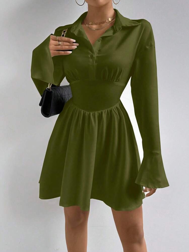SHEIN Unity Elegant Olive Green Autumn Women's Dress,Christmas Casual Solid Color Flare Sleeve Waist Cinched Long Sleeve Dining Vacation Dress,Floral Applique - Army Green - View 4