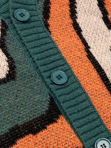 Manfinity EMRG 男士休闲宽松开衫毛衣，抽象提花撞色图案，街头风，长袖，秋冬男士针织开衫，男士街头服饰，男士针织开衫，针织衫 - 彩色 - 查看 4