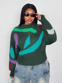 Maweii Plus Size Women Casual Colorblock Crew Neck Sweater, Autumn/Winter - Multicolor - View 3