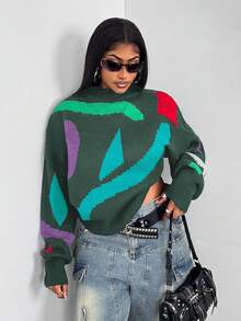 Maweii Plus Size Women Casual Colorblock Crew Neck Sweater, Autumn/Winter - Multicolor - View 6