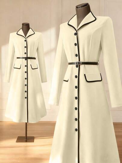 GlowEve Women's Elegant Commuter Slimming Dress, Featuring Notched Collar, Single-Breasted, Black Resin Buttons, Beige & Black Color Block, Metal Buckle Thin Belt, Long Sleeve, Fitted Midi A-Line Silhouette, Suitable For Autumn/Winter