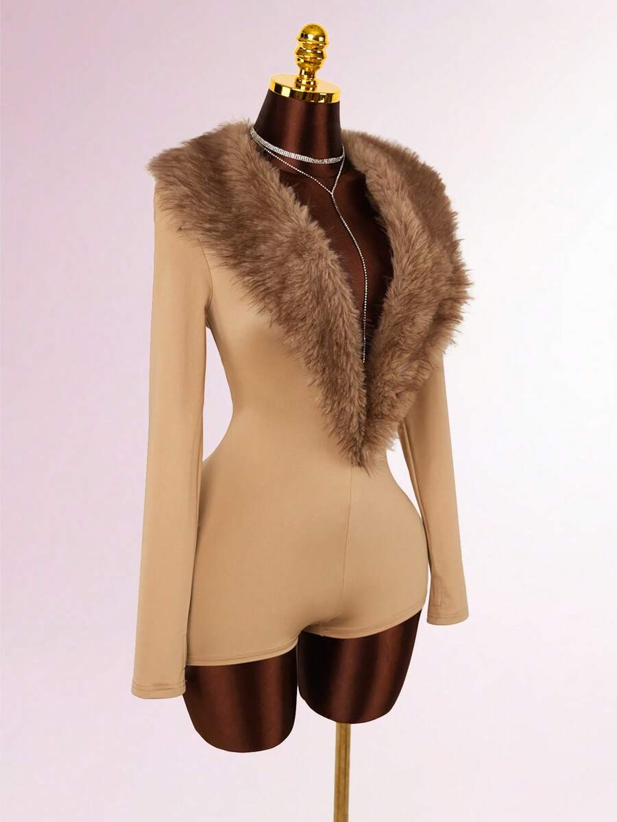 Amplova Jumpsuit Bodycon Lengan Panjang Leher V Dalam dengan Kerah Bulu dan Sambungan - Khaki - View 1