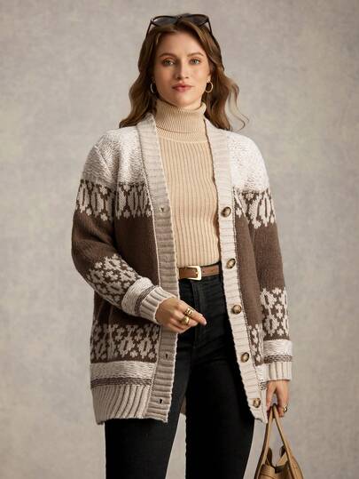 Zelara Cárdigan de punto casual de manga larga con un solo botonadura y patrón geométrico, para mujer de talla grande, otoño/invierno