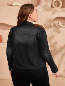 EMERY ROSE Spring Plus Size Solid Color Front Button Pocket Casual Long Sleeve Denim Jacket - Black - View 2