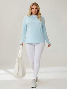 Auralis Athleisure Plus Size Women's Solid Color Front Zipper Simple Long Sleeve Casual Zip Up Sweatshirt, Yoga, Jogging Shirt, Women's Sportswear For Fall/Winter - Dusty Blue - View 5