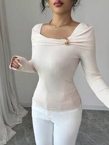 Elenzga Femmes Élégant Abricot Épaule Oblique Tricot Manches Longues Ajusté Mode T-Shirt, Convient pour l'automne, l'hiver, Thanksgiving, Soirée Élégante, Noël, Nouvel An - Nude - Voir 7