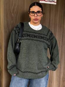 Dazy Plus Plus Size Women Loose Fit Patterned Jacquard Colorblock Christmas Holiday Pullover Sweater, Autumn/Winter