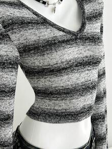 SHEIN Unity Women's Black And White Striped Tie-Dye Knit V-Neck Fitted Short Cropped T-Shirt,Street Wear Y2k Retro Style Sweater Top,Autumn Night Out Casual,Date - Multicolor - View 6
