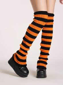 ROMWE Grunge Punk 1 Pair Women's Solid Color Knitted Extra Long Leg Warmers, Dark Purple & Black Striped, Suitable For All Seasons - Orange black - View 3