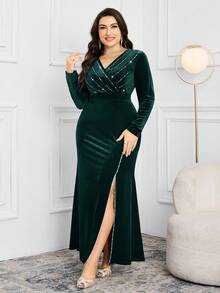 Modelyn Plus Size Women's Elegant Party Rhinestone V-Neck High Slit Maxi Dress - Dark Green - View 5