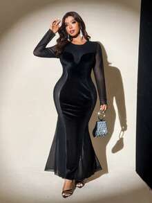 Viva Relle Plus Size Solid Color Minimalist Long Sleeve Casual Dress - Black - View 8