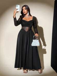 Viva Relle 大码女式垂坠领长袖缎面蕾丝拼布镂空中长款 A 字黑腰连衣裙，优雅复古休闲派对长裙 - 黑色 - 查看 7