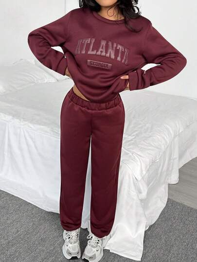 Sparklyn 少女休闲百搭运动百搭街头字母图案圆领超大卫衣+裤子保暖装，秋冬