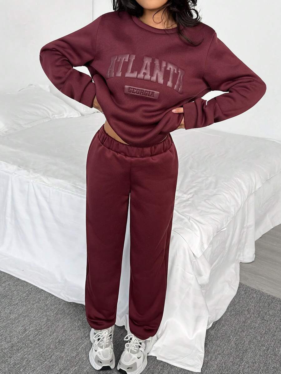 Sparklyn 少女休闲百搭运动百搭街头字母图案圆领超大卫衣+裤子保暖装，秋冬