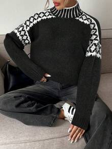 Serisse Women's Casual Colorblock Stand Collar Sweater, Autumn/Winter Black,Black Sweater,Fall,Fall Clothes For Women - Black - View 1